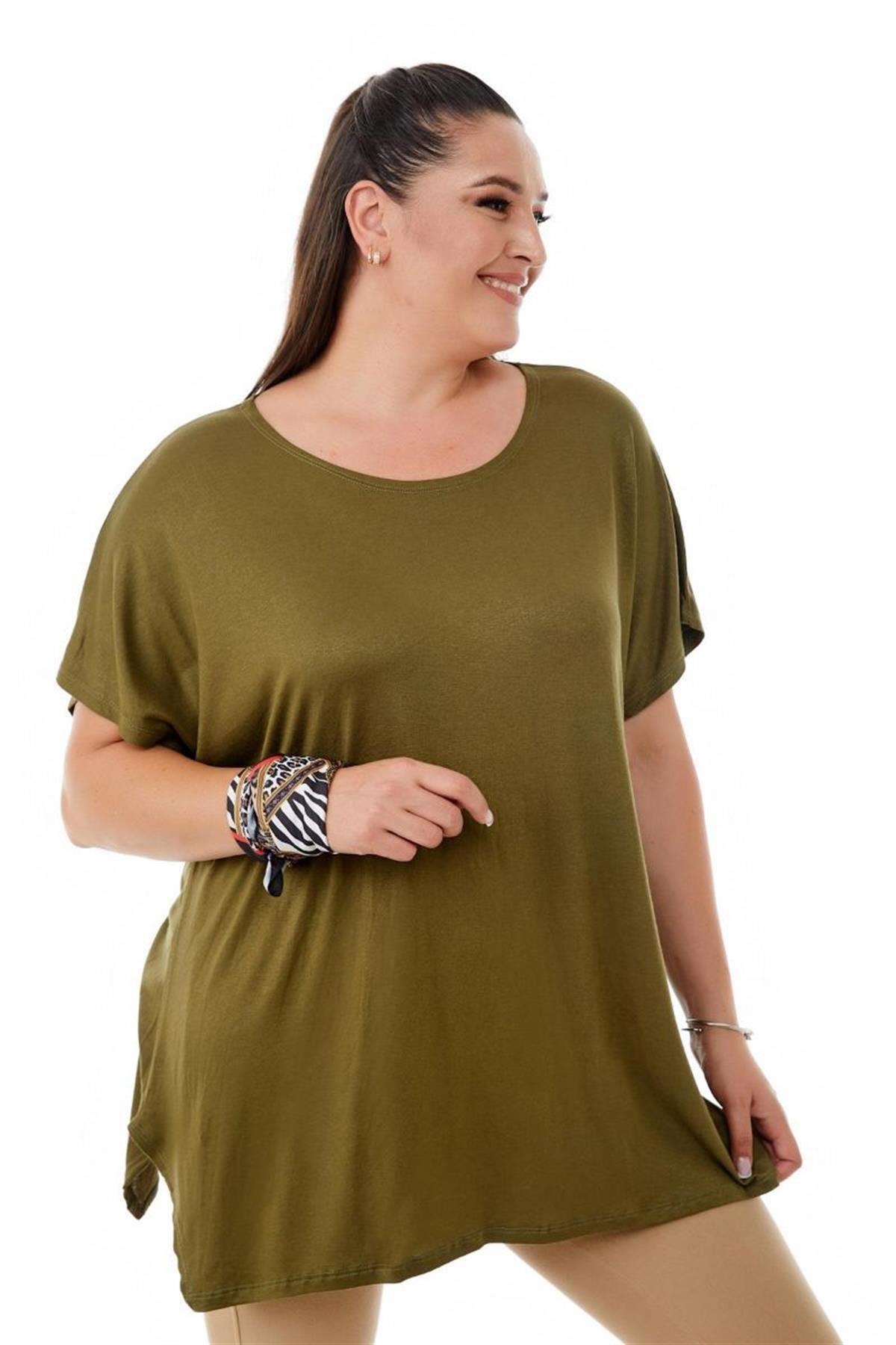 Tshirt Büyük Beden Salaş Bisiklet Yaka Basic T-Shirt Haki