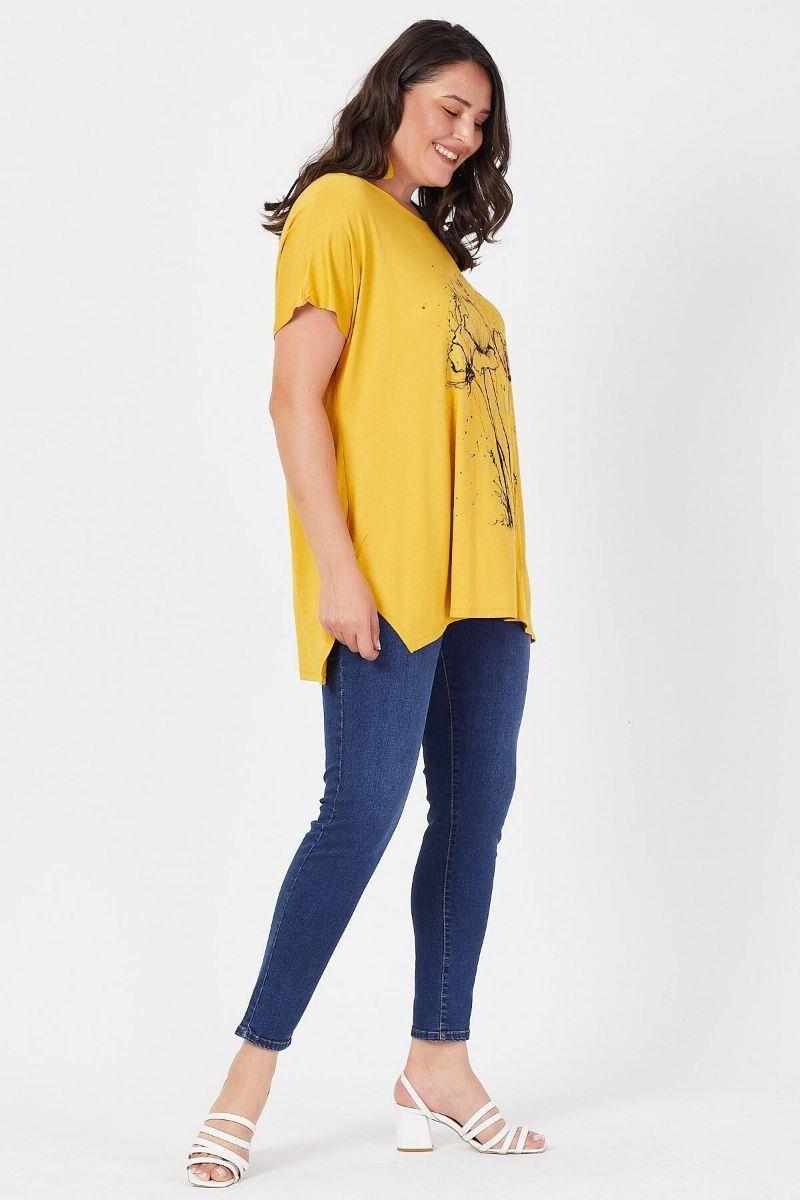 Tshirt Büyük Beden Salaş Deste Çiçek Baskılı T-Shirt Hardal