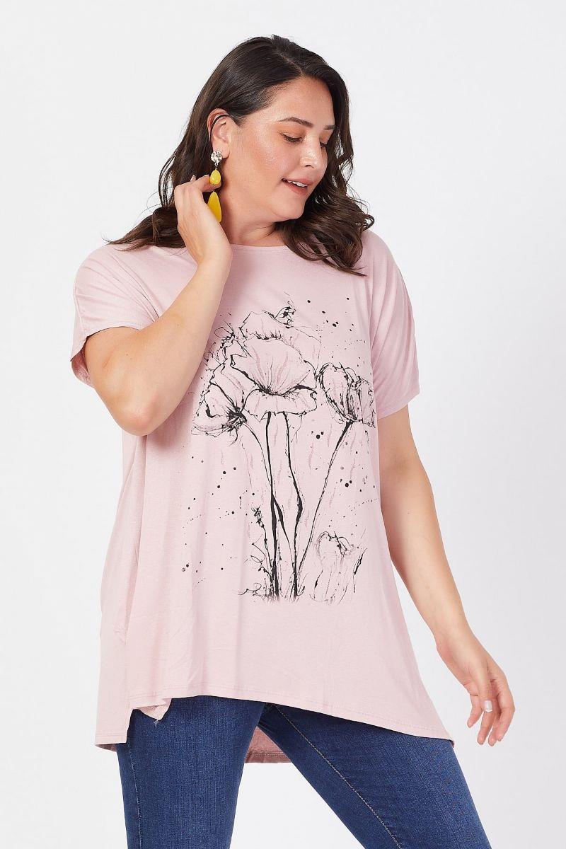 Tshirt Büyük Beden Salaş Deste Çiçek Baskılı T-Shirt Pudra