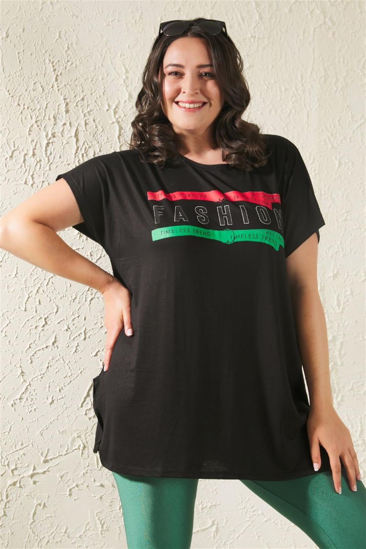 Tshirt Büyük Beden Salaş Fashion Baskılı T-Shirt Siyah