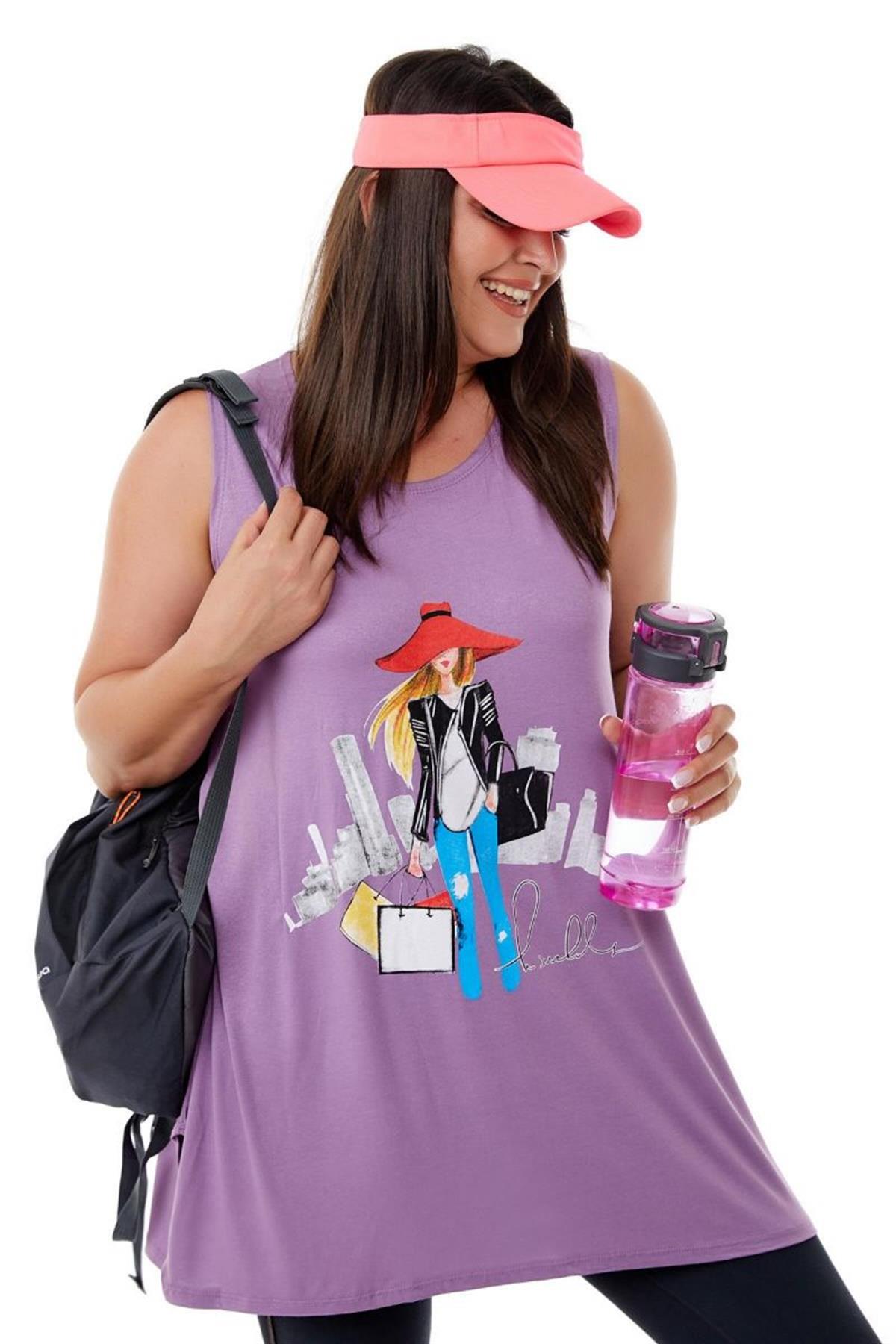 Tshirt Büyük Beden Salaş Genç Stil Kolsuz T-Shirt Lila