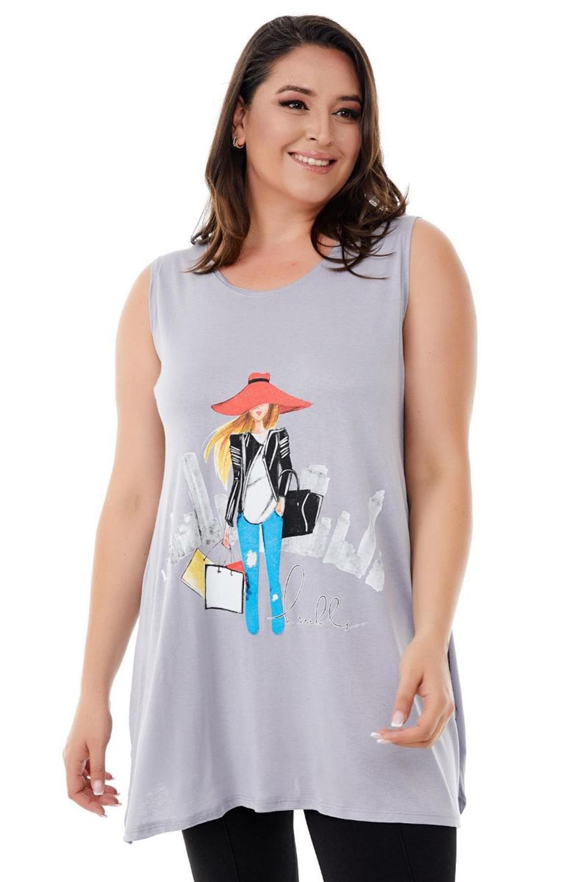 Tshirt Büyük Beden Salaş Genç Stil Kolsuz T-Shirt Gri