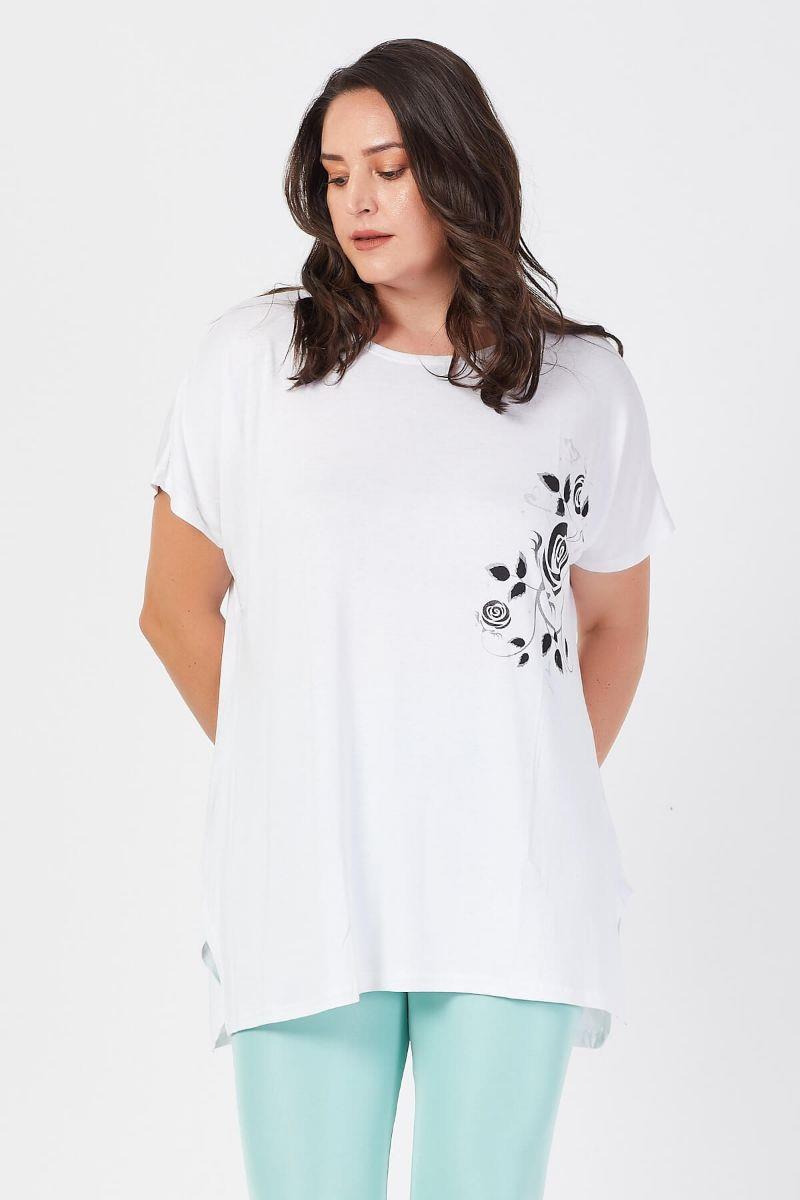 Tshirt Büyük Beden Salaş Gül Baskılı T-Shirt Beyaz