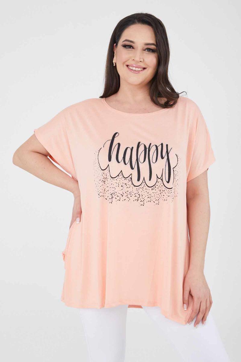 Tshirt Büyük Beden Salaş Happy Baskılı T-Shirt Yavruağzı