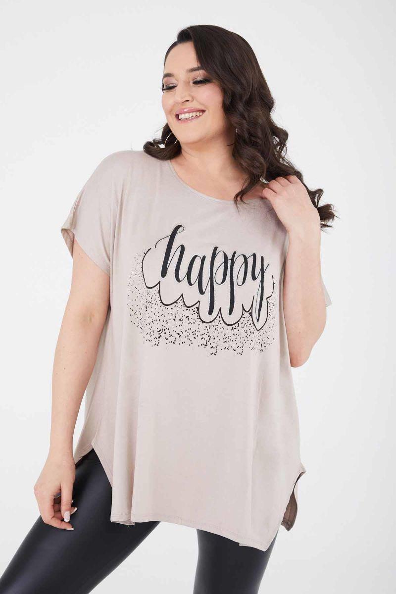 Tshirt Büyük Beden Salaş Happy Baskılı T-Shirt Bej
