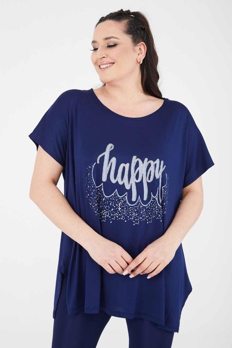 Tshirt Büyük Beden Salaş Happy Baskılı T-Shirt Lacivert