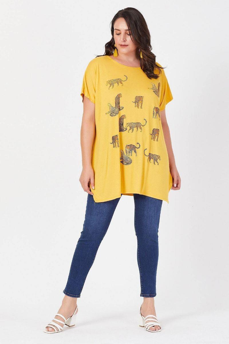 Tshirt Büyük Beden Salaş Kaplan Baskılı T-Shirt Hardal