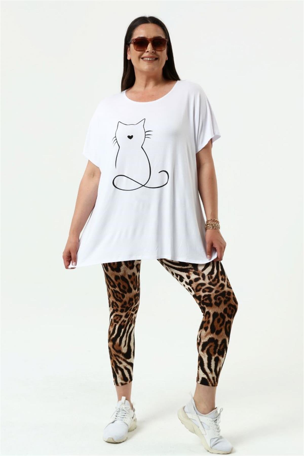 Tshirt Büyük Beden Salaş Kedi Baskıl T-Shirt Beyaz