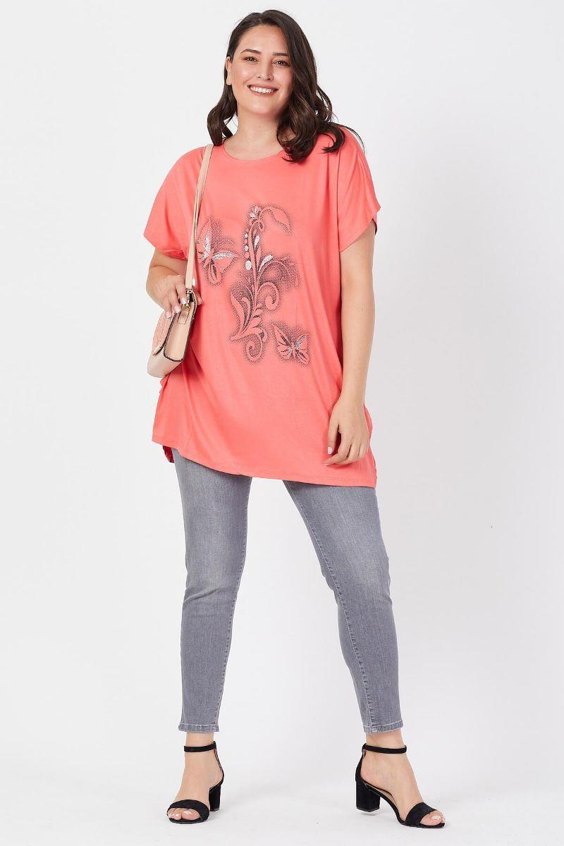 Tshirt Büyük Beden Salaş Kelebek Detaylı T-Shirt Narçiçeği