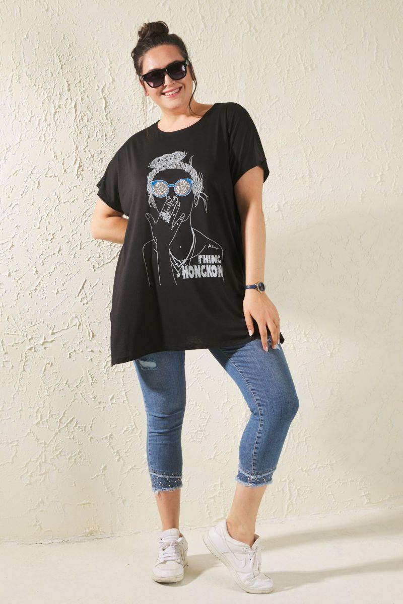 Tshirt Büyük Beden Salaş Kız Figürlü T-Shirt Siyah