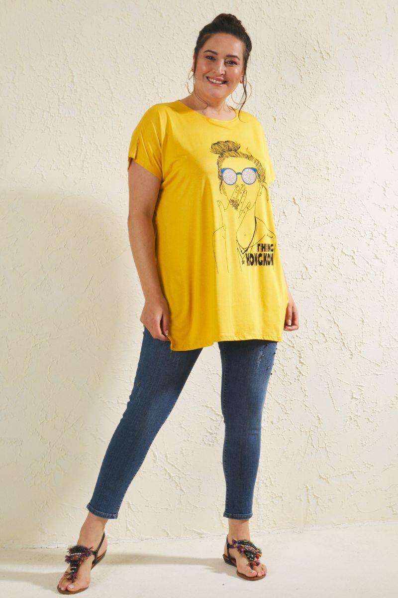 Tshirt Büyük Beden Salaş Kız Figürlü T-Shirt Hardal