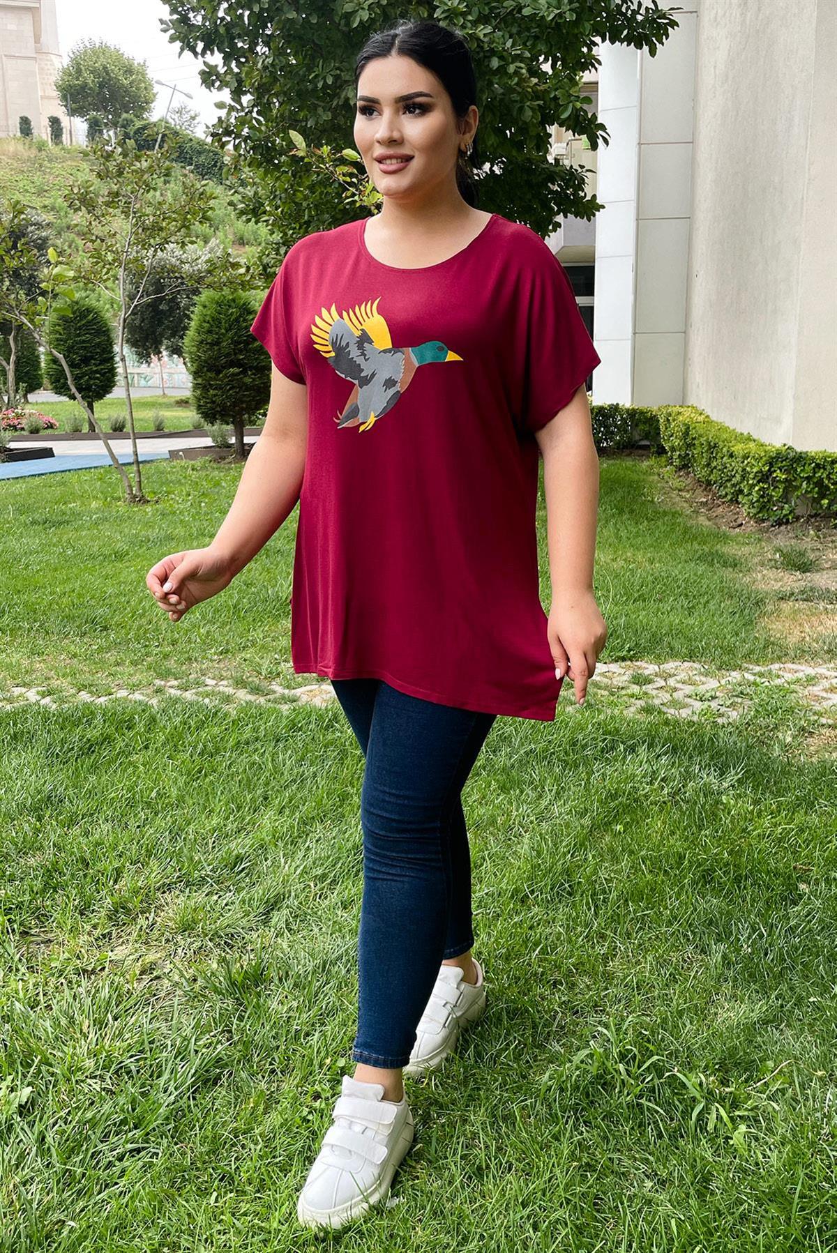 Tshirt Büyük Beden Salaş Kuş Baskılı T-Shirt Bordo