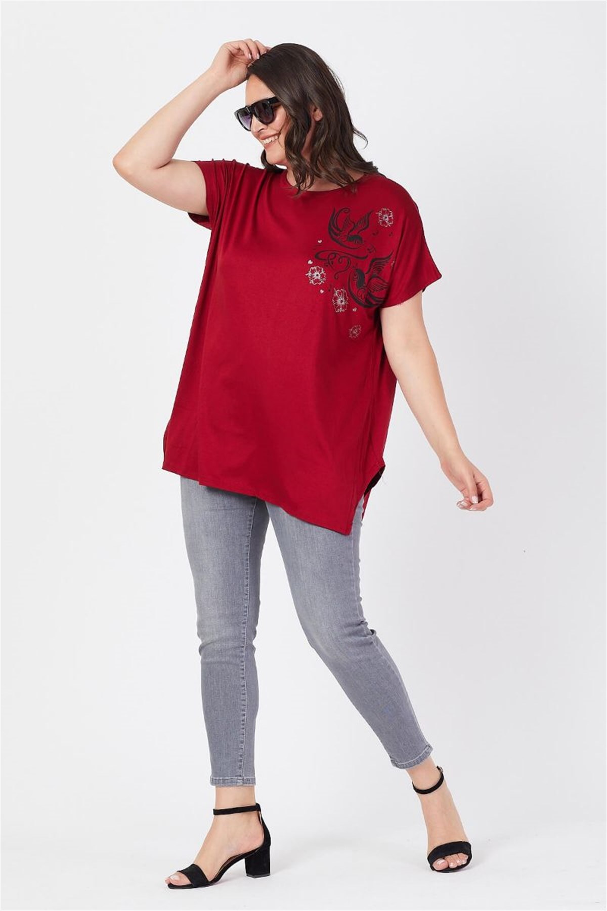 Tshirt Büyük Beden Salaş Kuş Baskılı T-Shirt Bordo