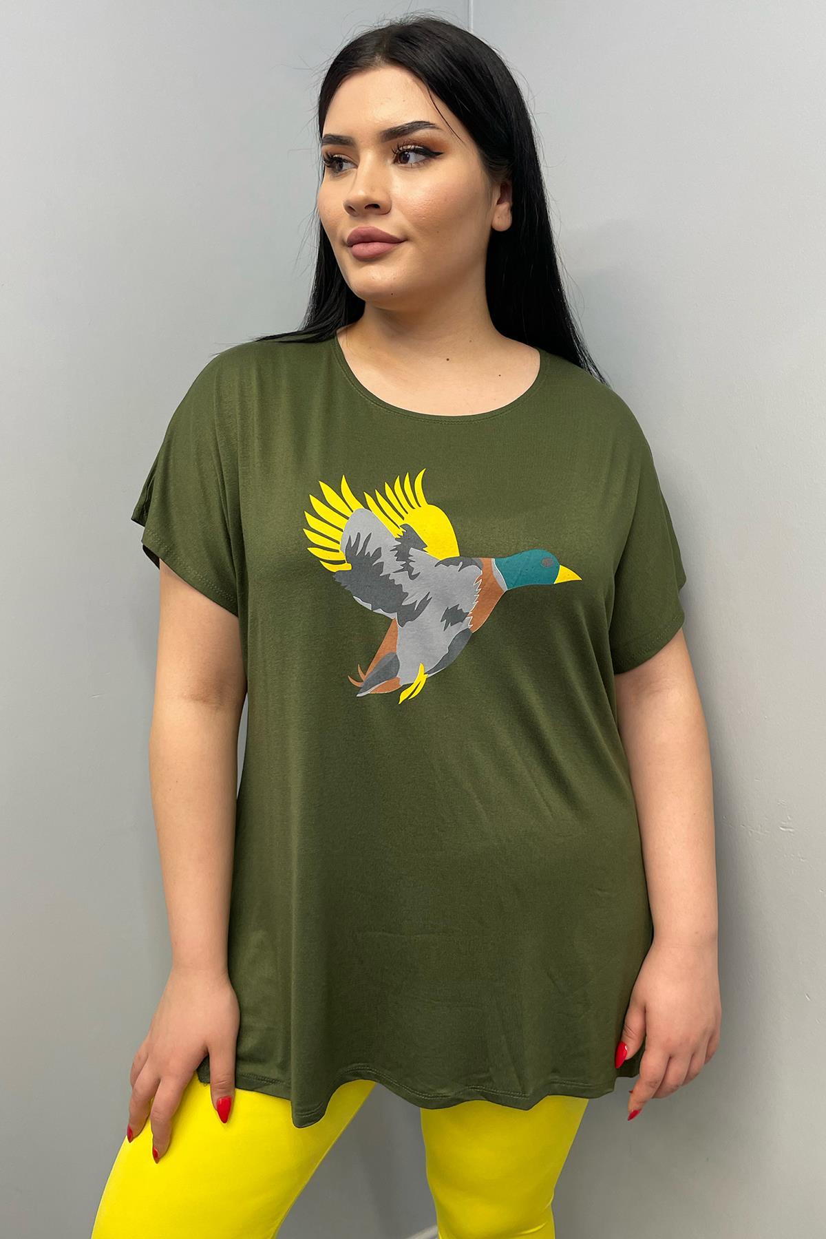 Tshirt Büyük Beden Salaş Kuş Baskılı T-Shirt Haki