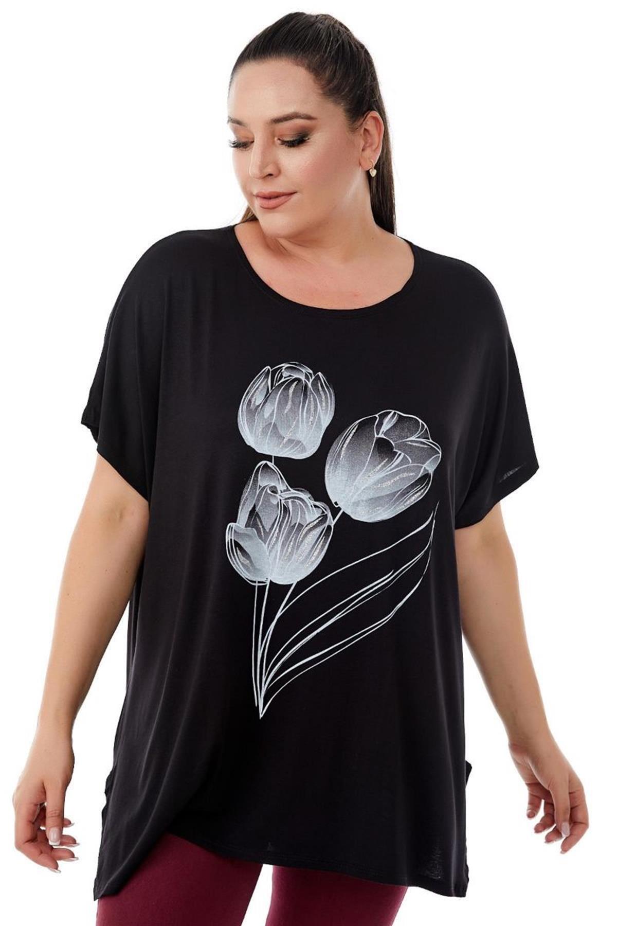 Tshirt Büyük Beden Salaş Lale Baskılı T-Shirt Siyah