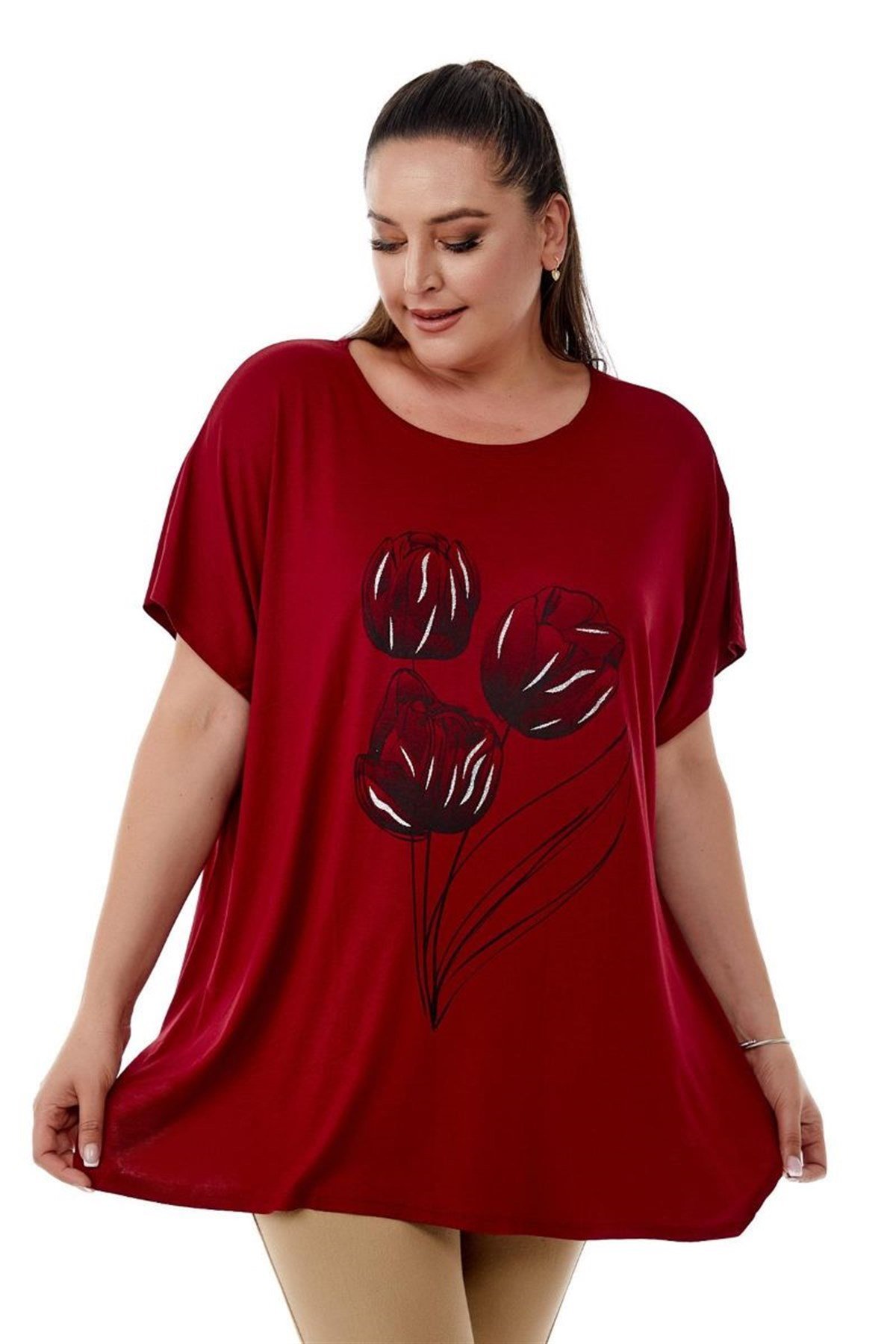 Tshirt Büyük Beden Salaş Lale Baskılı T-Shirt Bordo