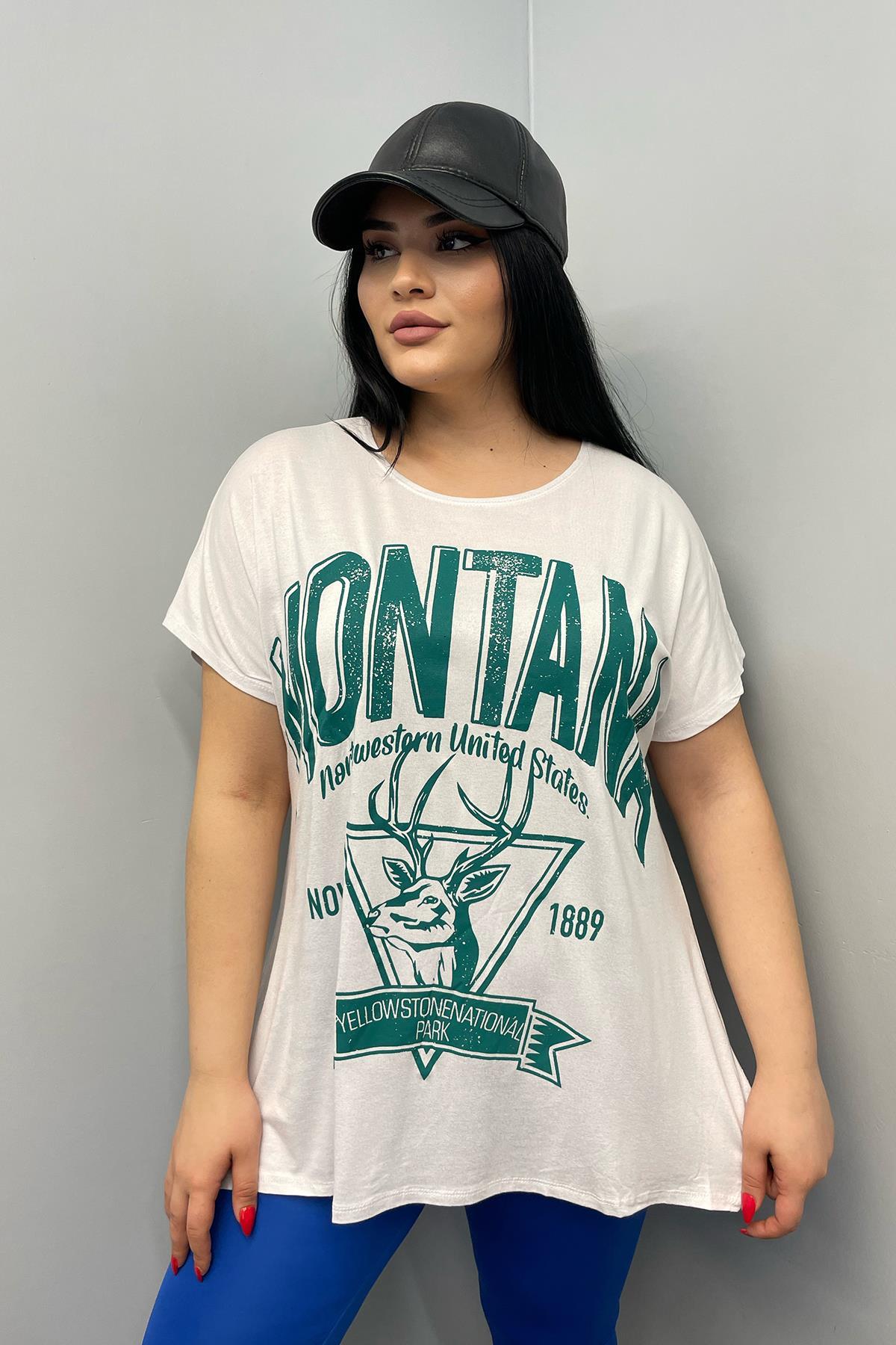 Tshirt Büyük Beden Salaş Montana Baskılı T-Shirt Beyaz