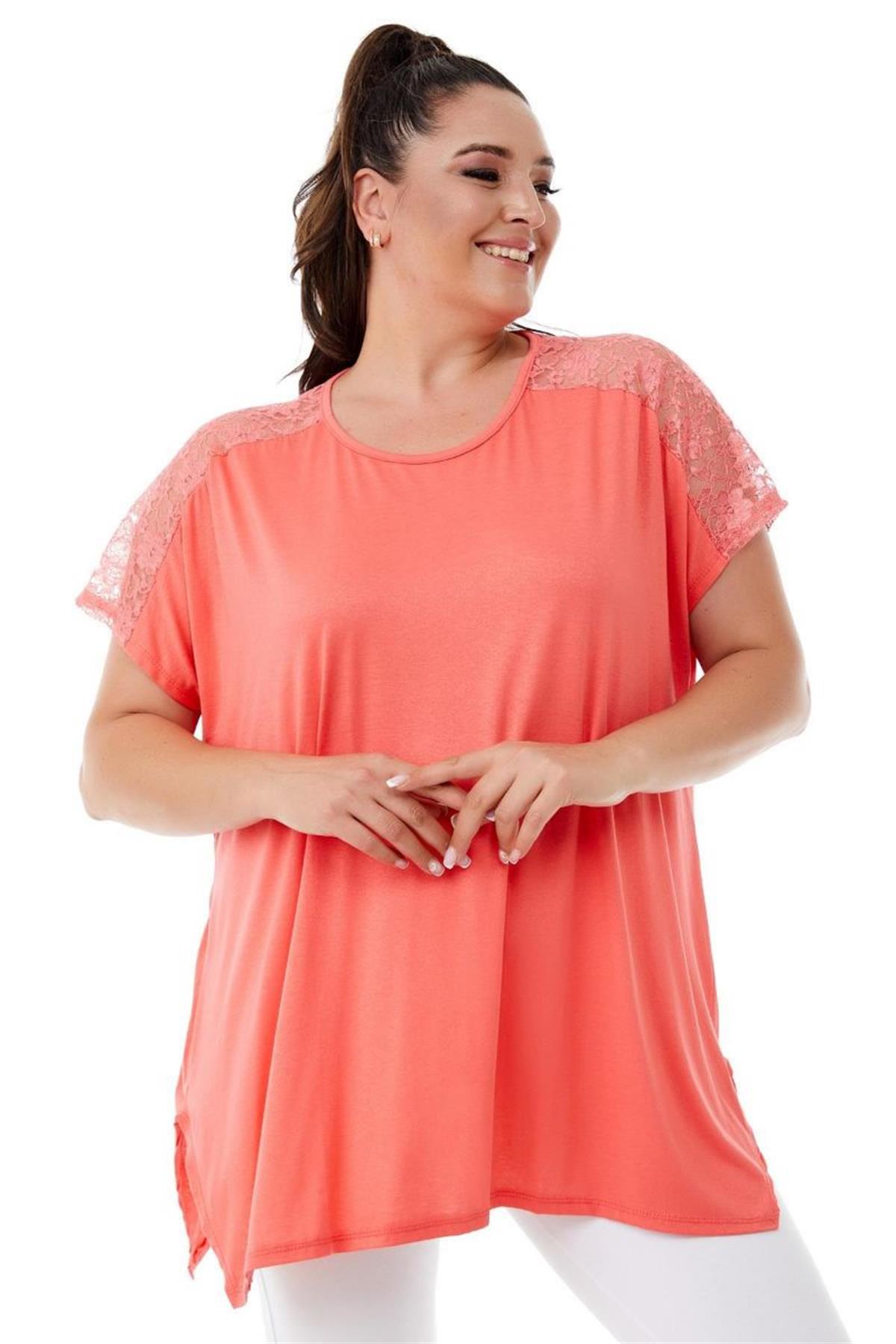 Tshirt Büyük Beden Salaş Omuzları Dantel Şık T-Shirt Pembe