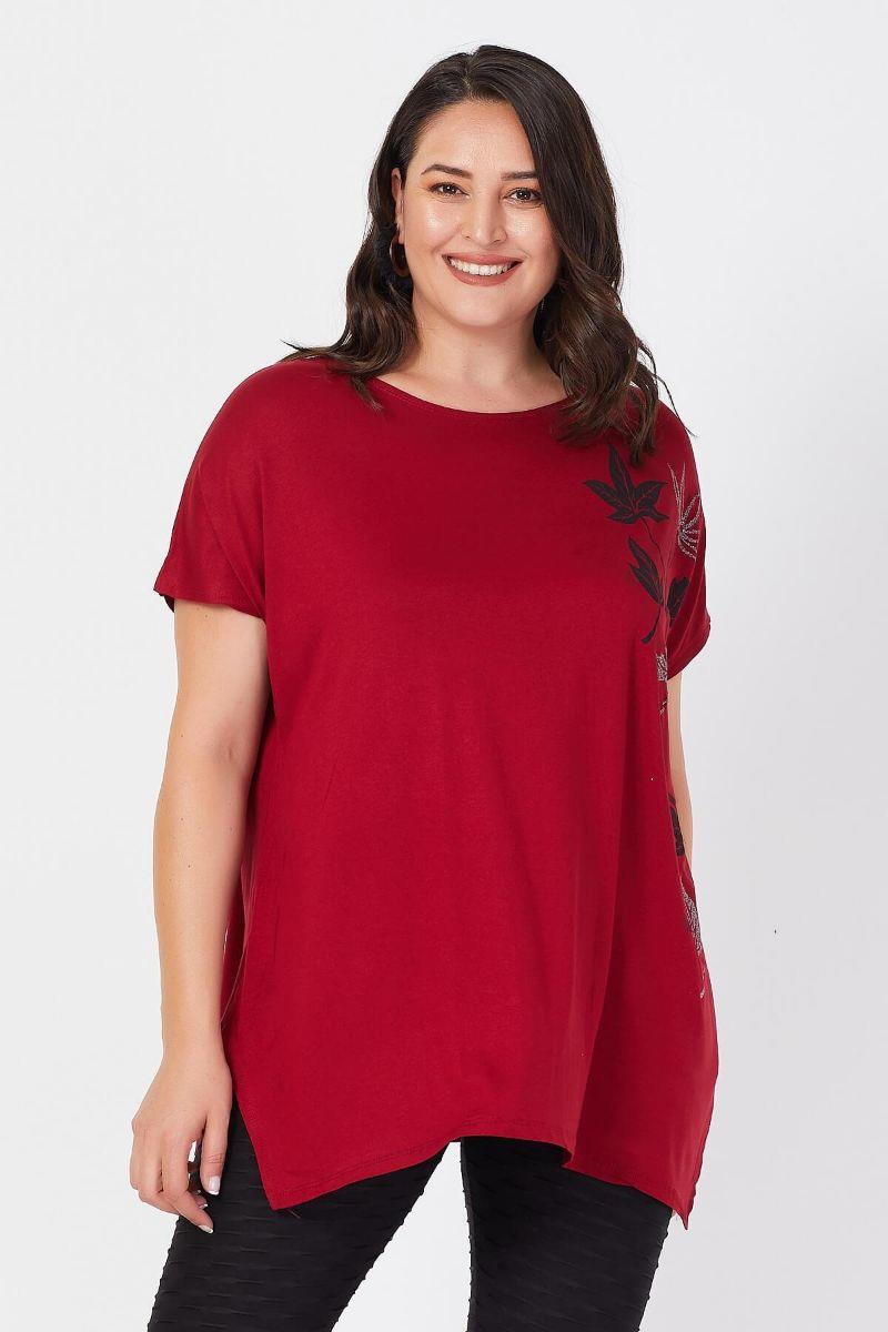 Tshirt Büyük Beden Salaş Sarmaşık Yaprak Baskılı T-Shirt Bordo