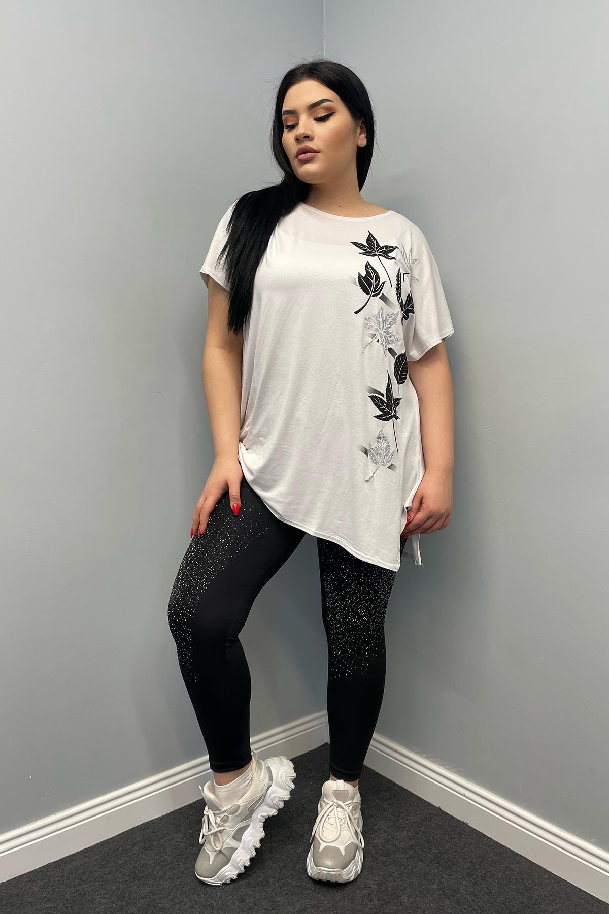 Tshirt Büyük Beden Salaş Sarmaşık Yaprak Baskılı T-Shirt Beyaz