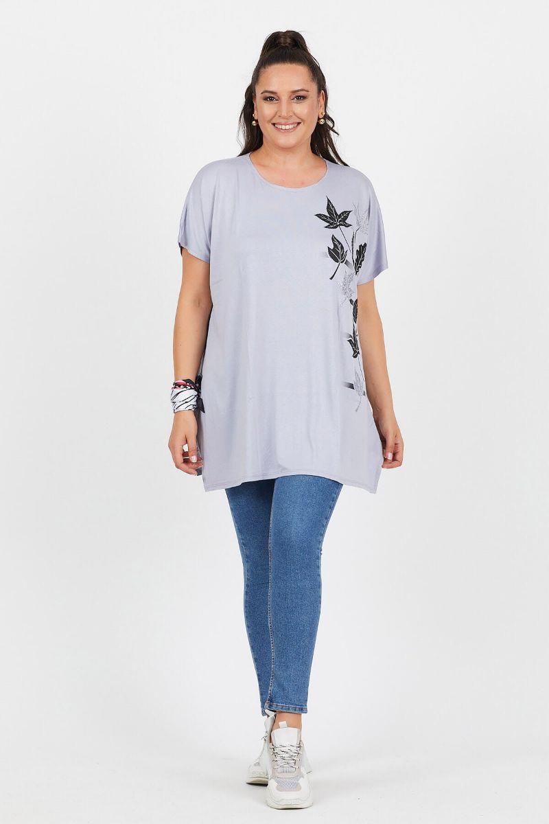 Tshirt Büyük Beden Salaş Sarmaşık Yaprak Baskılı T-Shirt Gri
