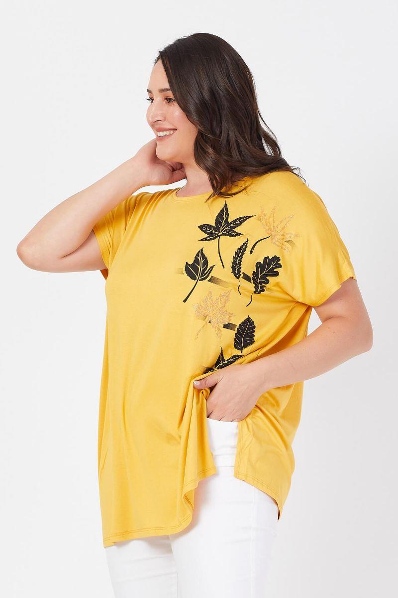 Tshirt Büyük Beden Salaş Sarmaşık Yaprak Baskılı T-Shirt Hardal