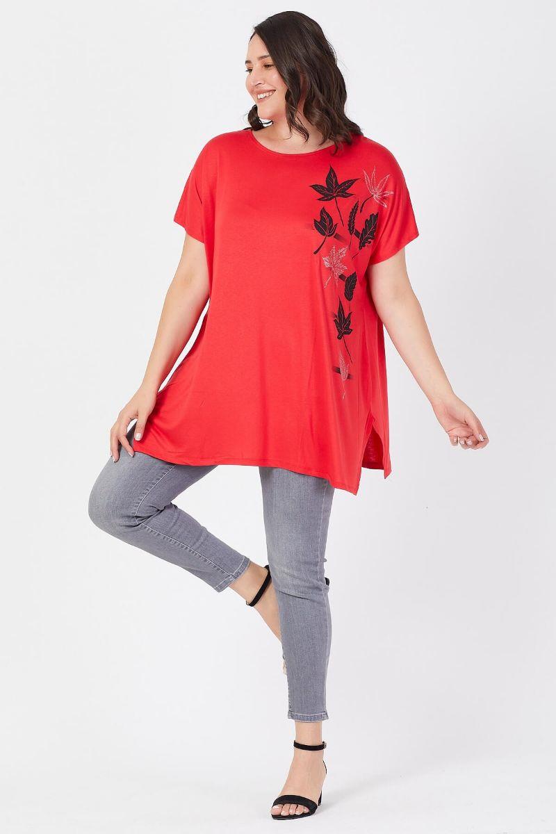 Tshirt Büyük Beden Salaş Sarmaşık Yaprak Baskılı T-Shirt Kırmızı