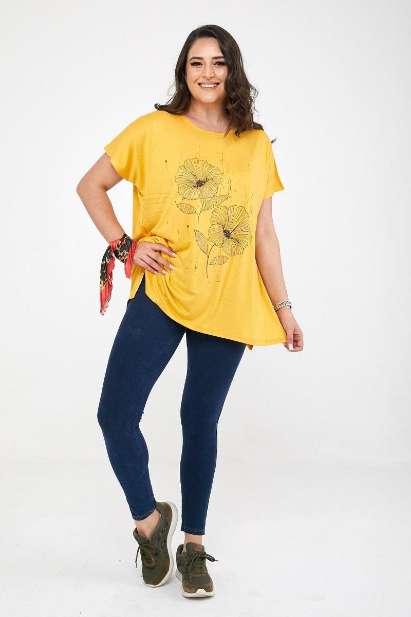 Tshirt Büyük Beden Salaş Sümbül Çiçek Baskılı T-Shirt Hardal