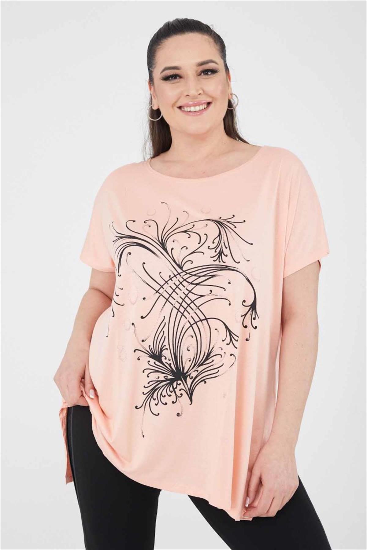 Tshirt Büyük Beden Salaş Uzun Yırtmaçlı T-Shirt Yavruağzı