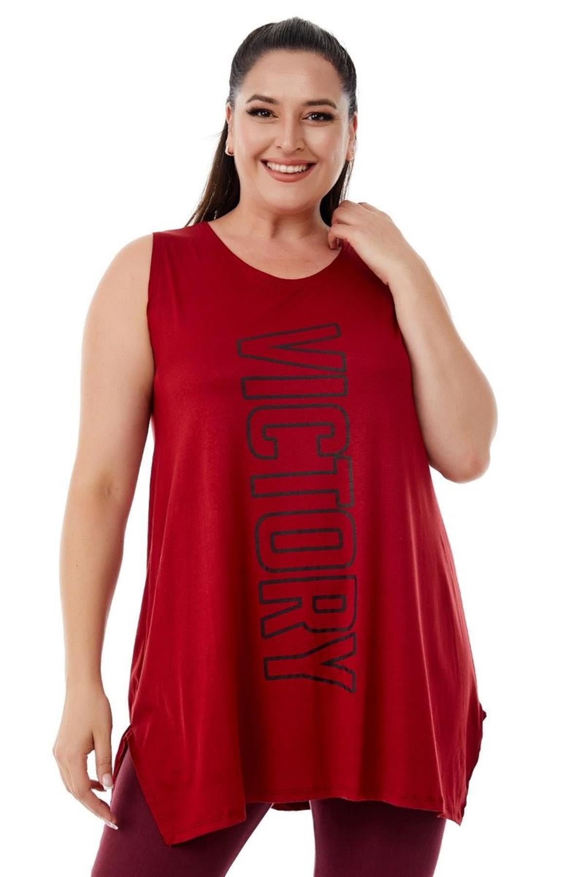 Tshirt Büyük Beden Salaş Victory Baskılı Kolsuz T-Shirt Bordo