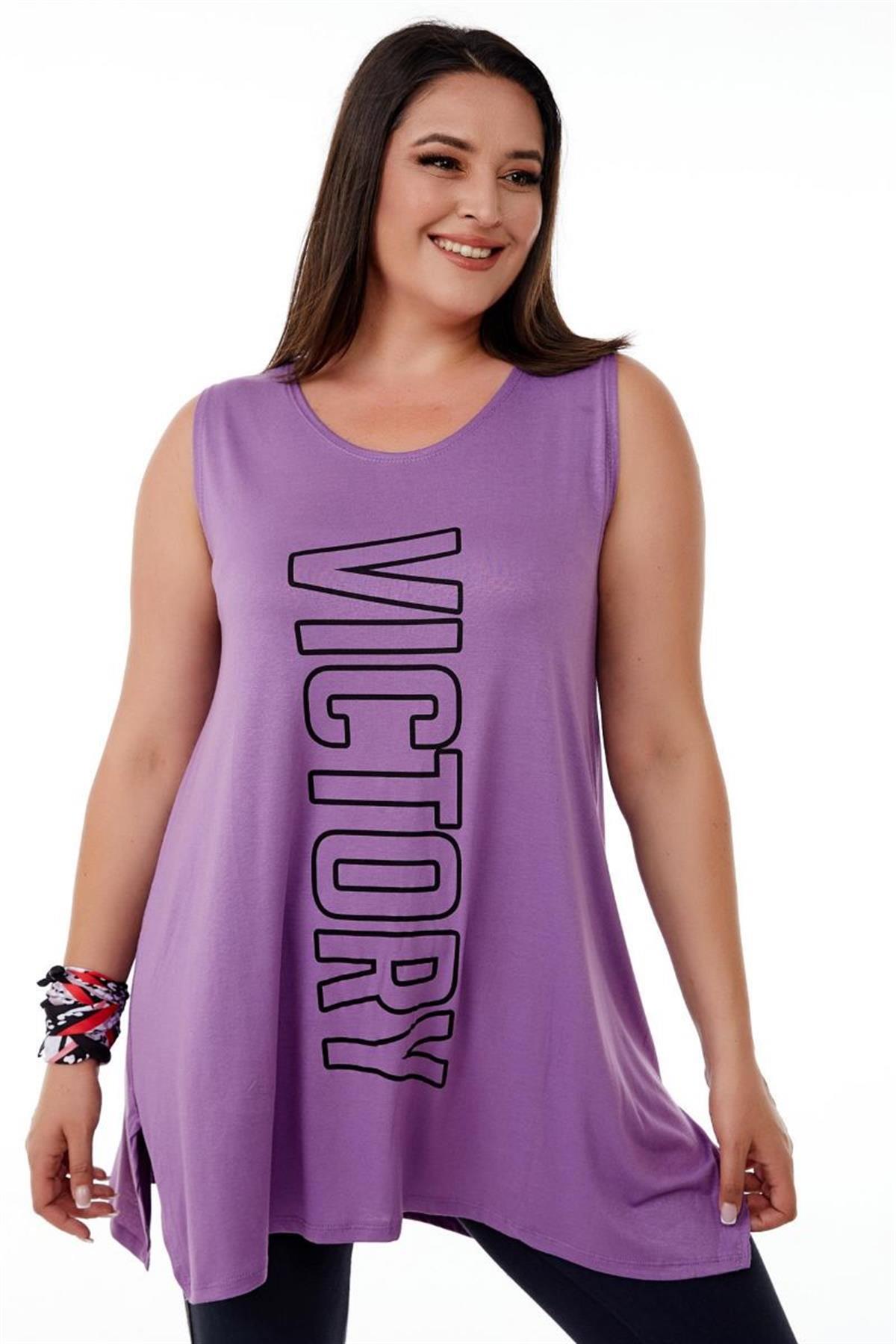 Tshirt Büyük Beden Salaş Victory Baskılı Kolsuz T-Shirt Lila