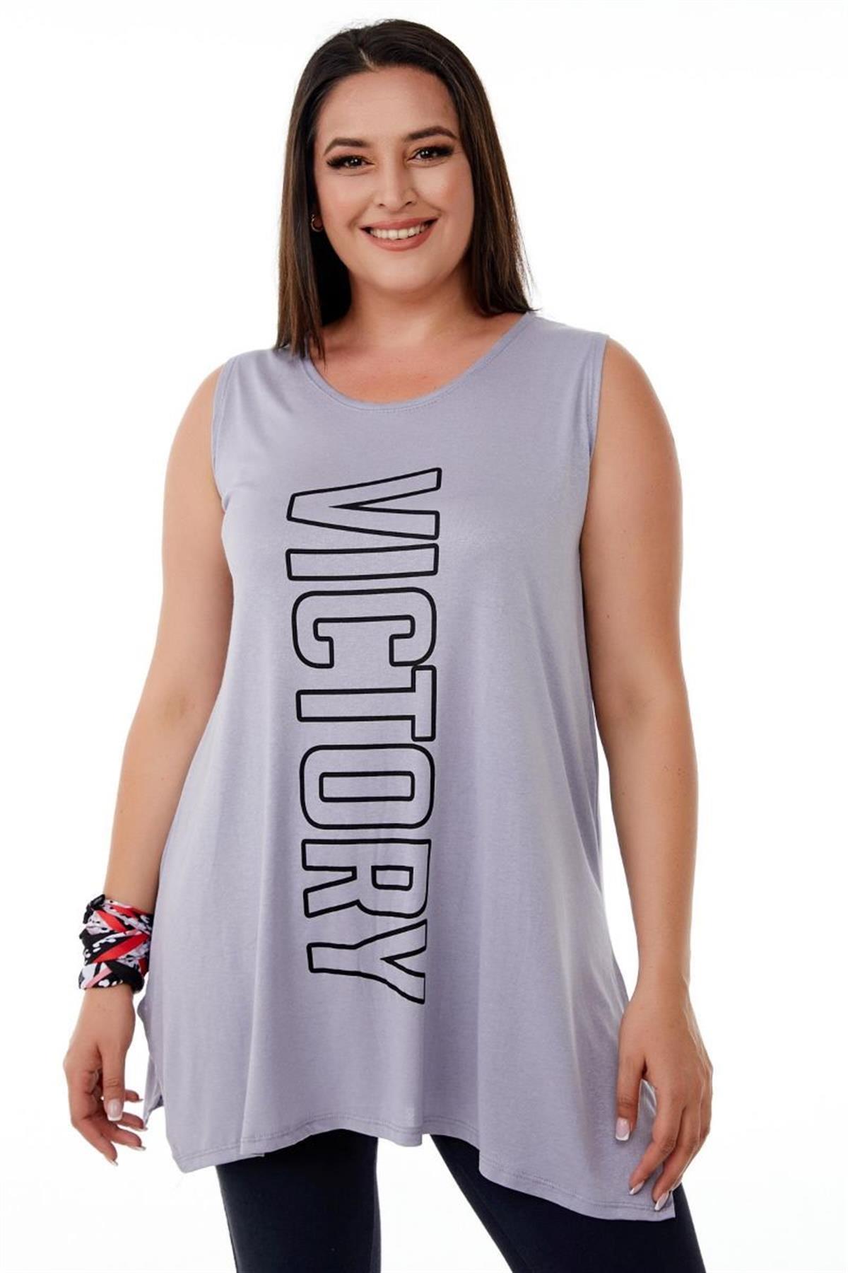 Tshirt Büyük Beden Salaş Victory Baskılı Kolsuz T-Shirt Gri