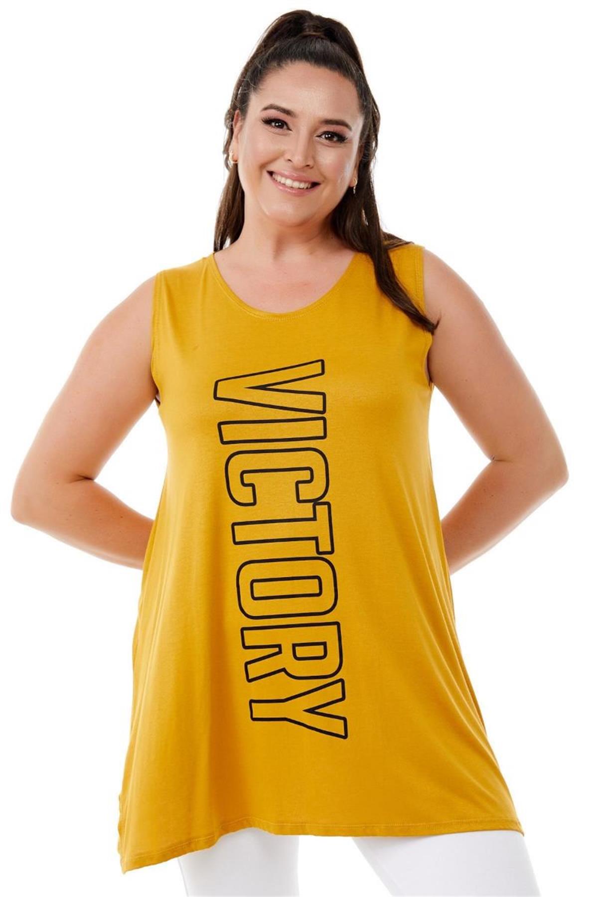 Tshirt Büyük Beden Salaş Victory Baskılı Kolsuz T-Shirt Hardal