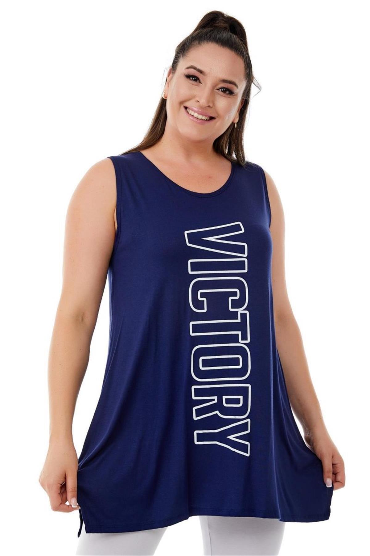 Tshirt Büyük Beden Salaş Victory Baskılı Kolsuz T-Shirt Lacivert