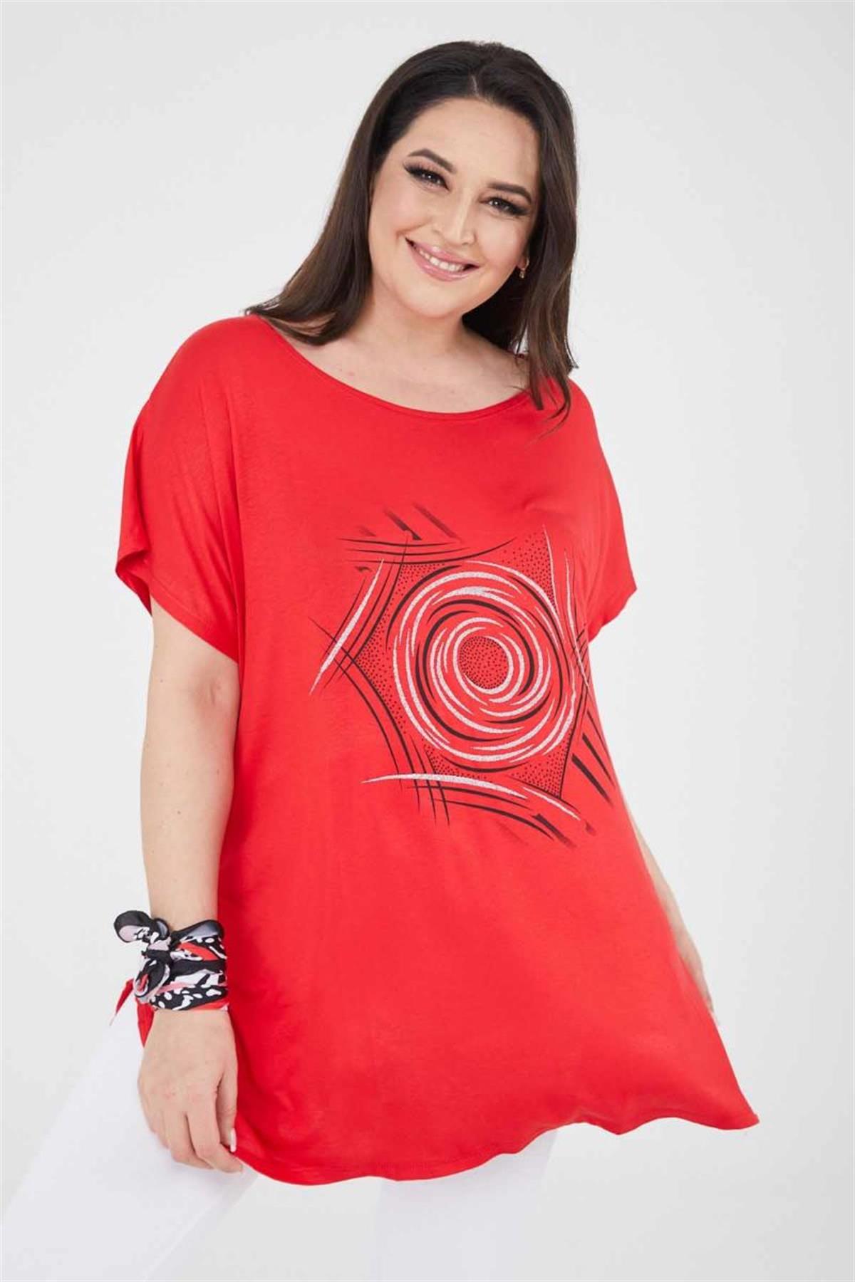 Tshirt Büyük Beden Salaş Yuvarlak Baskı Simli T-Shirt Kırmızı