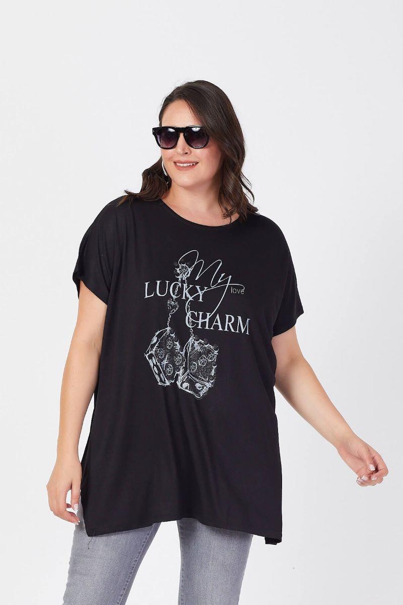 Tshirt Büyük Beden Salaş Zar Baskılı T-Shirt Siyah