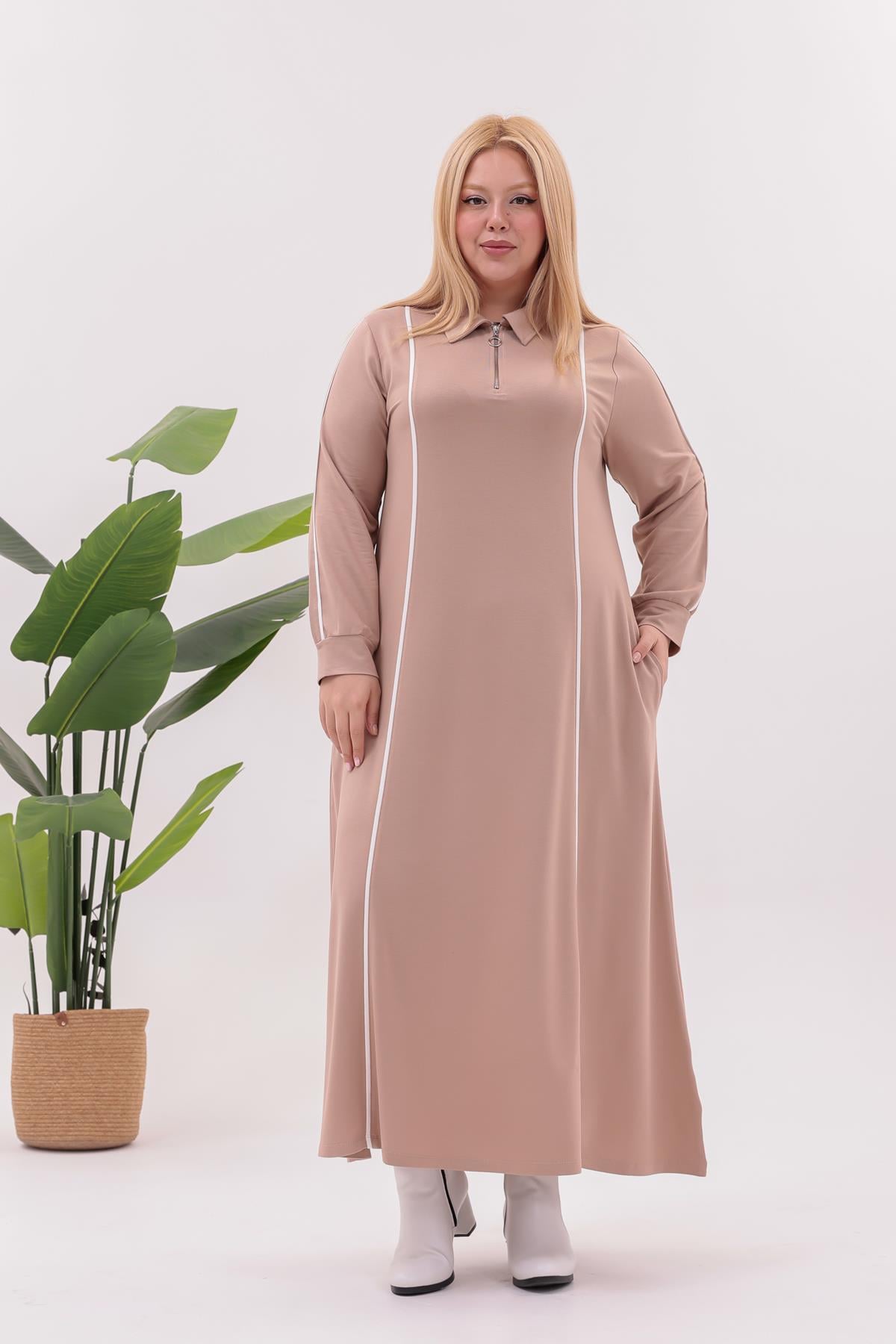 Büyük Beden Şerit Detaylı Polo Yaka Elbise