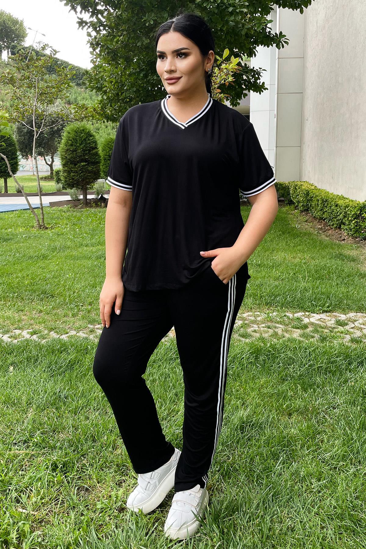 İkili Takım Büyük Beden Şerit Detaylı Spor İkili Takım Siyah