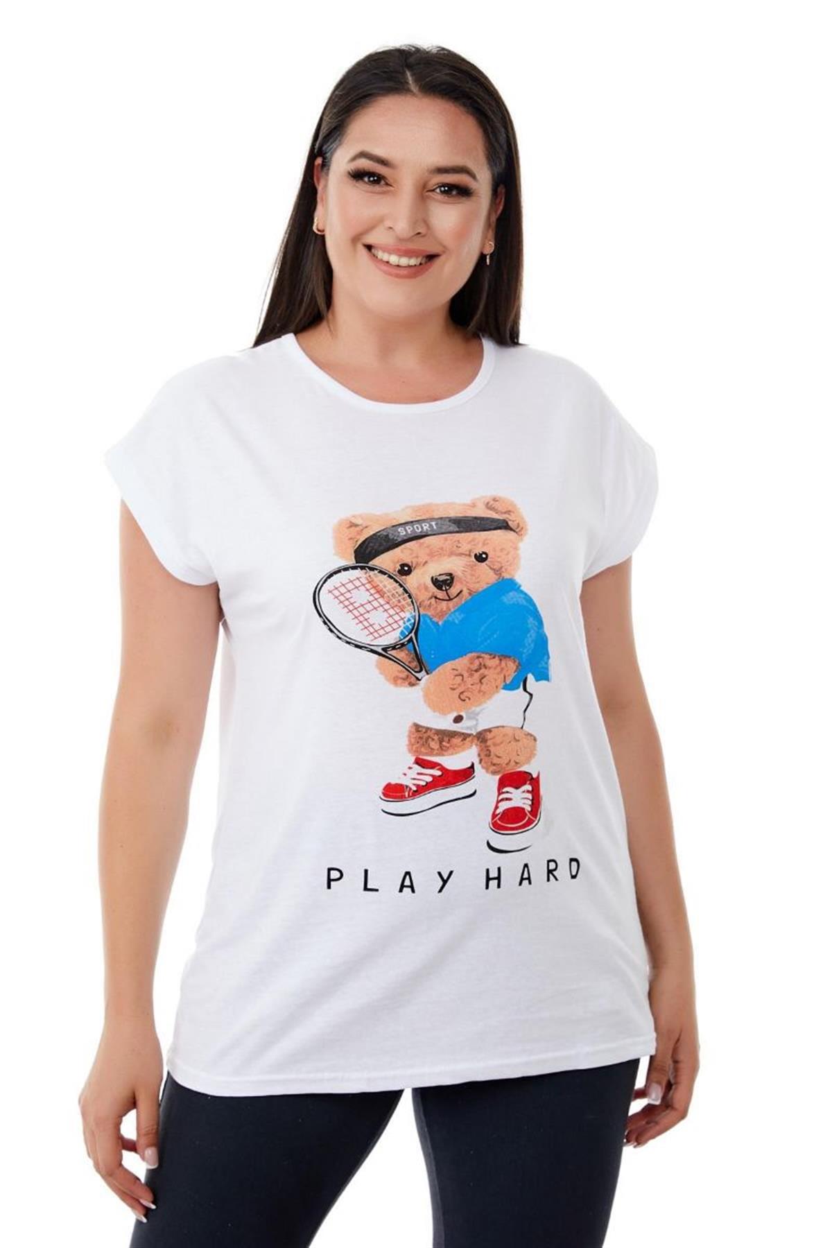 Tshirt Büyük Beden Sporcu Teddy Baskılı T-Shirt Beyaz