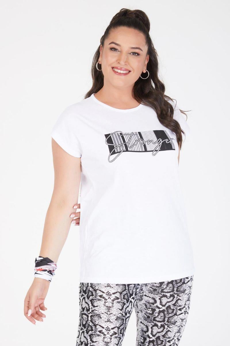 Tshirt Büyük Beden Stronger Yazılı Yarasa Kol T-Shirt Beyaz