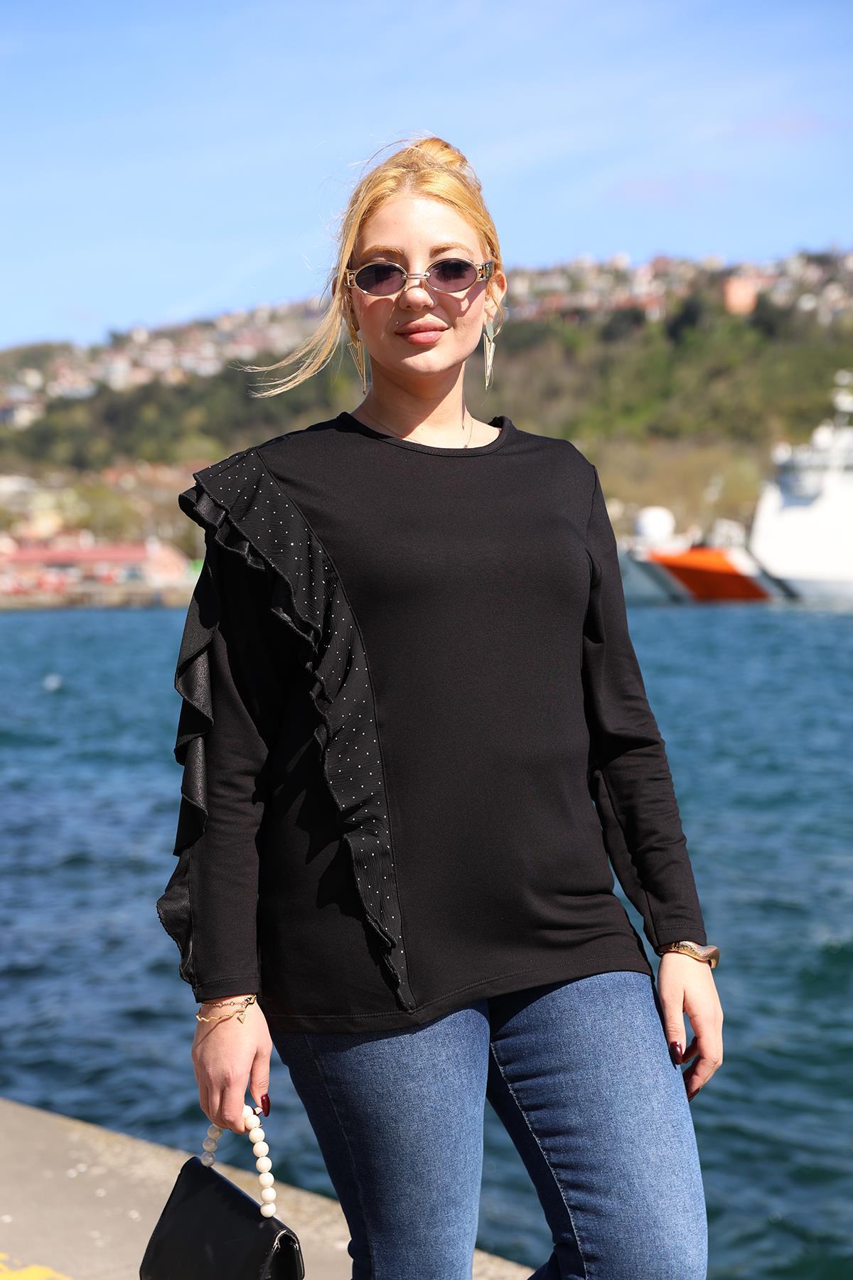 Uzun Kol Bluz Büyük Beden Taşlı Fırfırlı Siyah Bluz