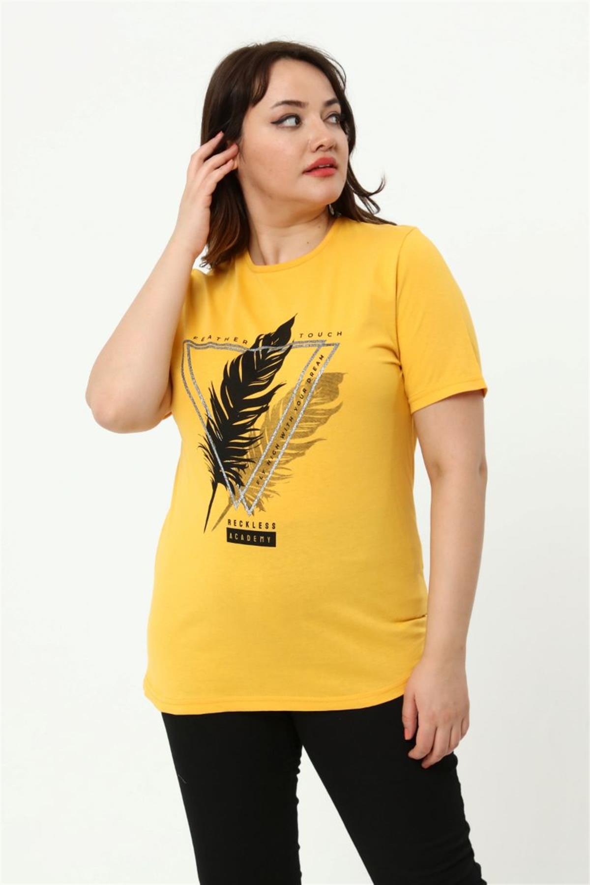 Tshirt Büyük Beden Tüy Baskılı T-Shirt Hardal