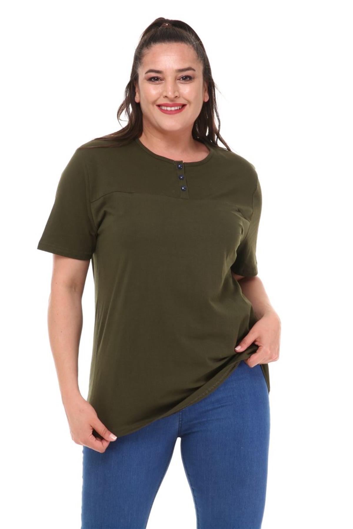 Tshirt Büyük Beden Üç Düğmeli Yarım Kol Bluz Haki