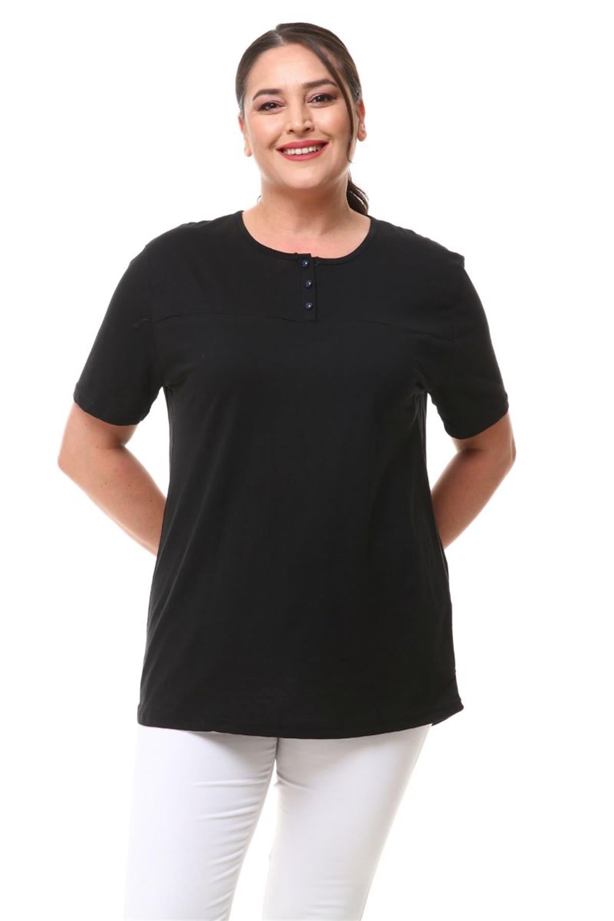 Tshirt Büyük Beden Üç Düğmeli Yarım Kol Bluz Siyah