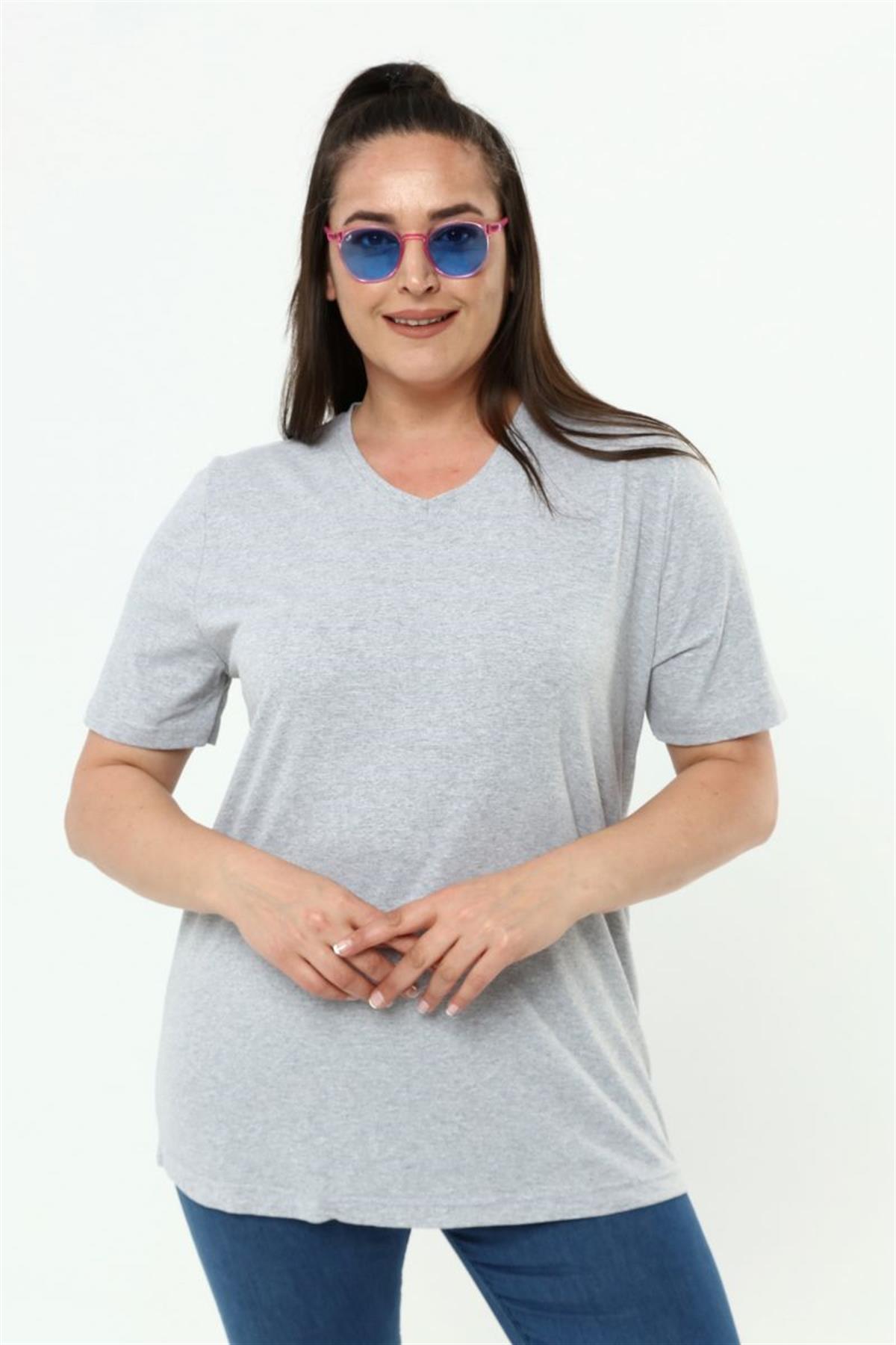 Tshirt Büyük Beden V Yaka Basic T-Shirt Gri
