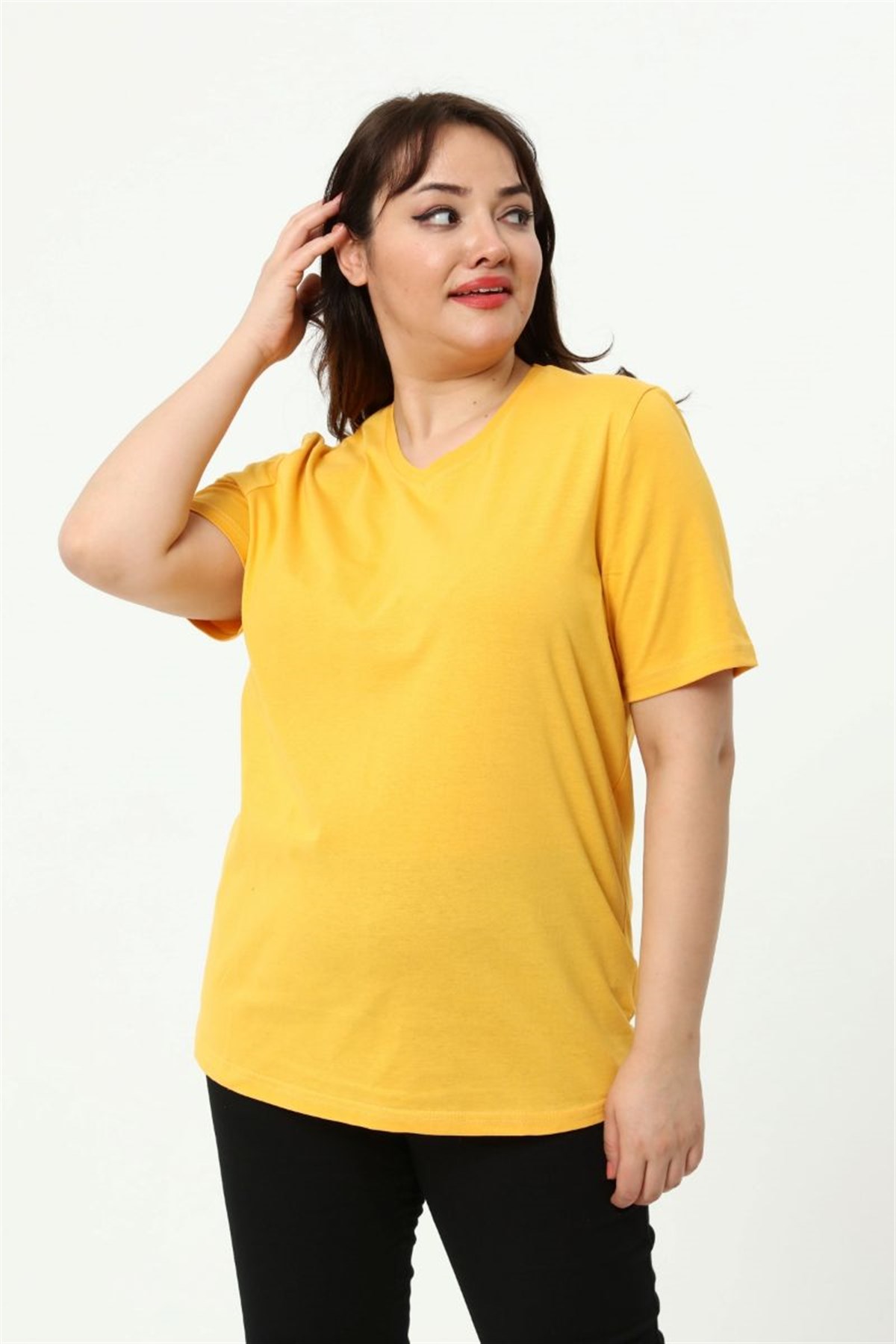Tshirt Büyük Beden V Yaka Basic T-Shirt Hardal
