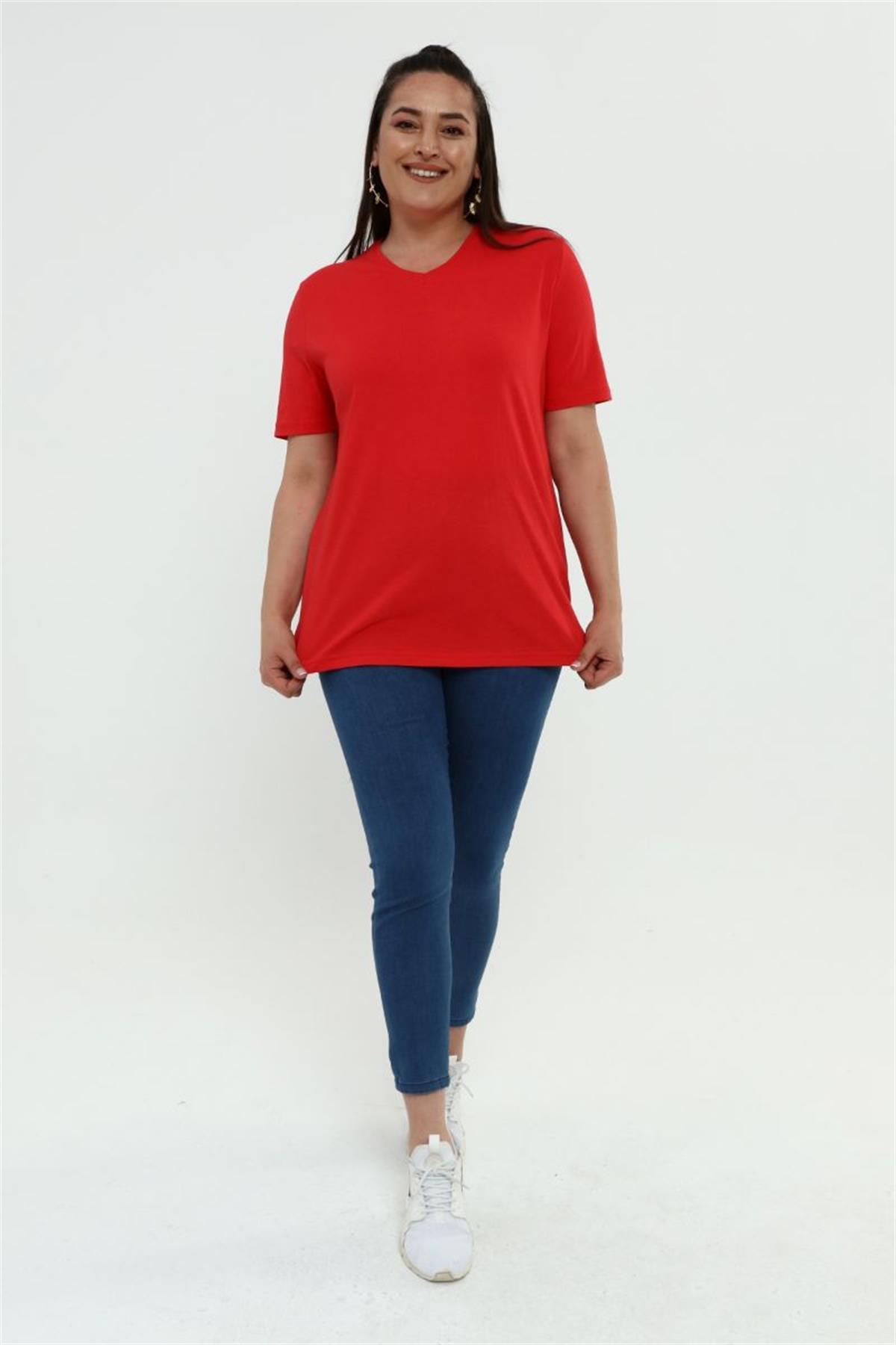 Tshirt Büyük Beden V Yaka Basic T-Shirt Kırmızı