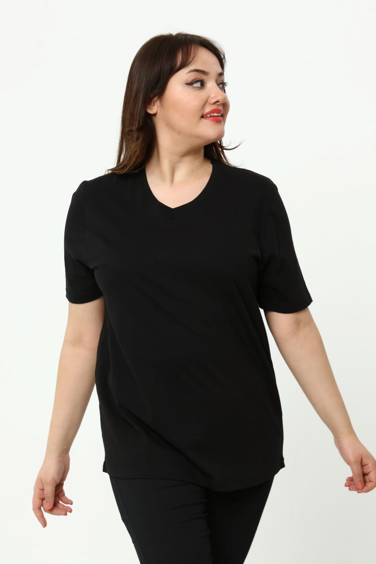 Tshirt Büyük Beden V Yaka Basic T-Shirt Siyah