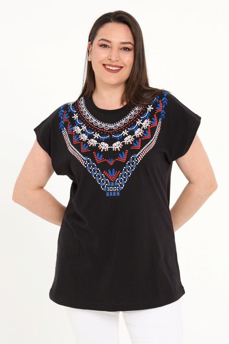 Tshirt Büyük Beden Yakası Baskılı Yarasa Kol T-Shirt Siyah