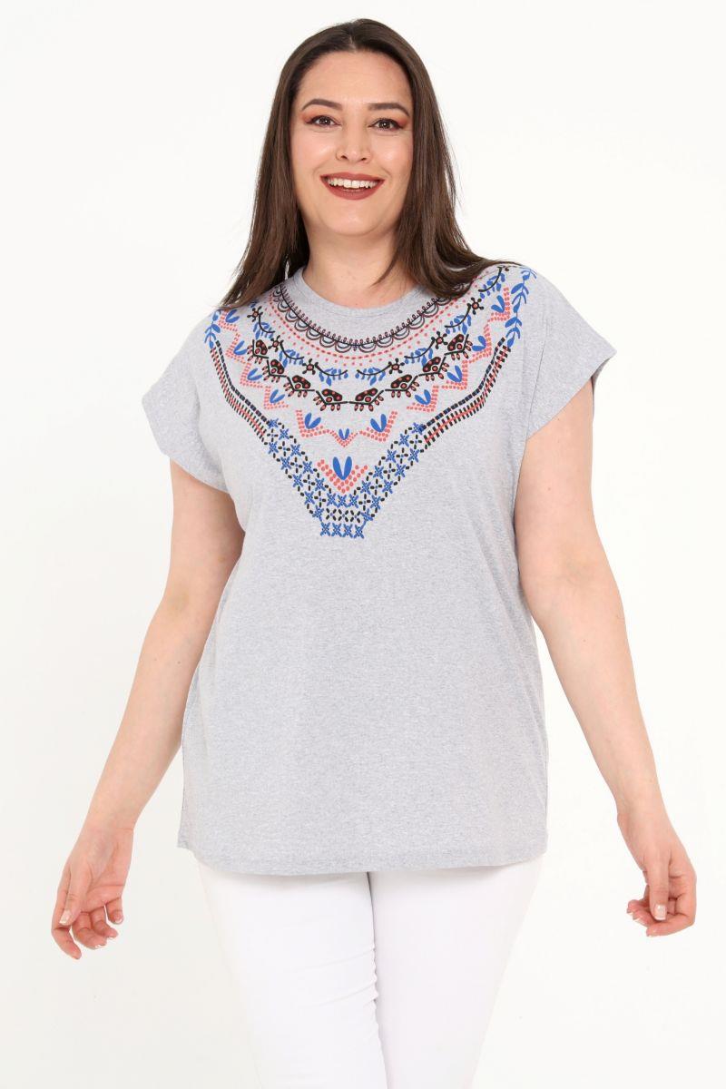 Tshirt Büyük Beden Yakası Baskılı Yarasa Kol T-Shirt Gri